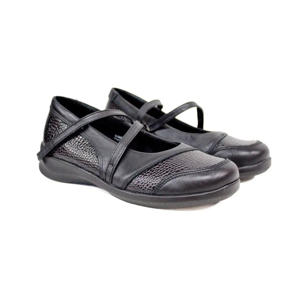 Aetrex Mary Jane Shoes Black Textured Pebbled Leather Comfort Size 7.5